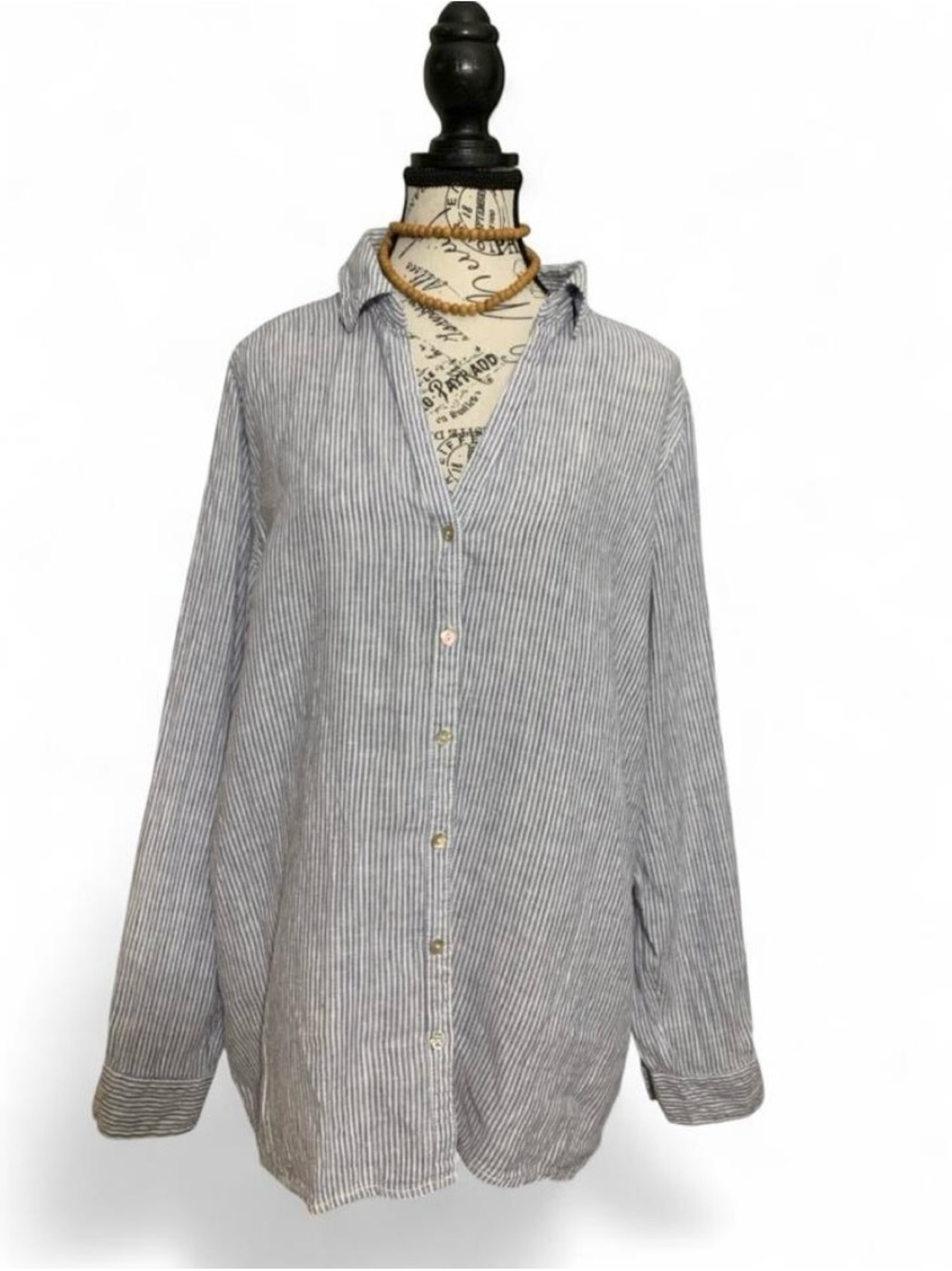 Tahari 100% Linen Blue/White Striped Button-Up Shirt Long Sleeve Women’s L